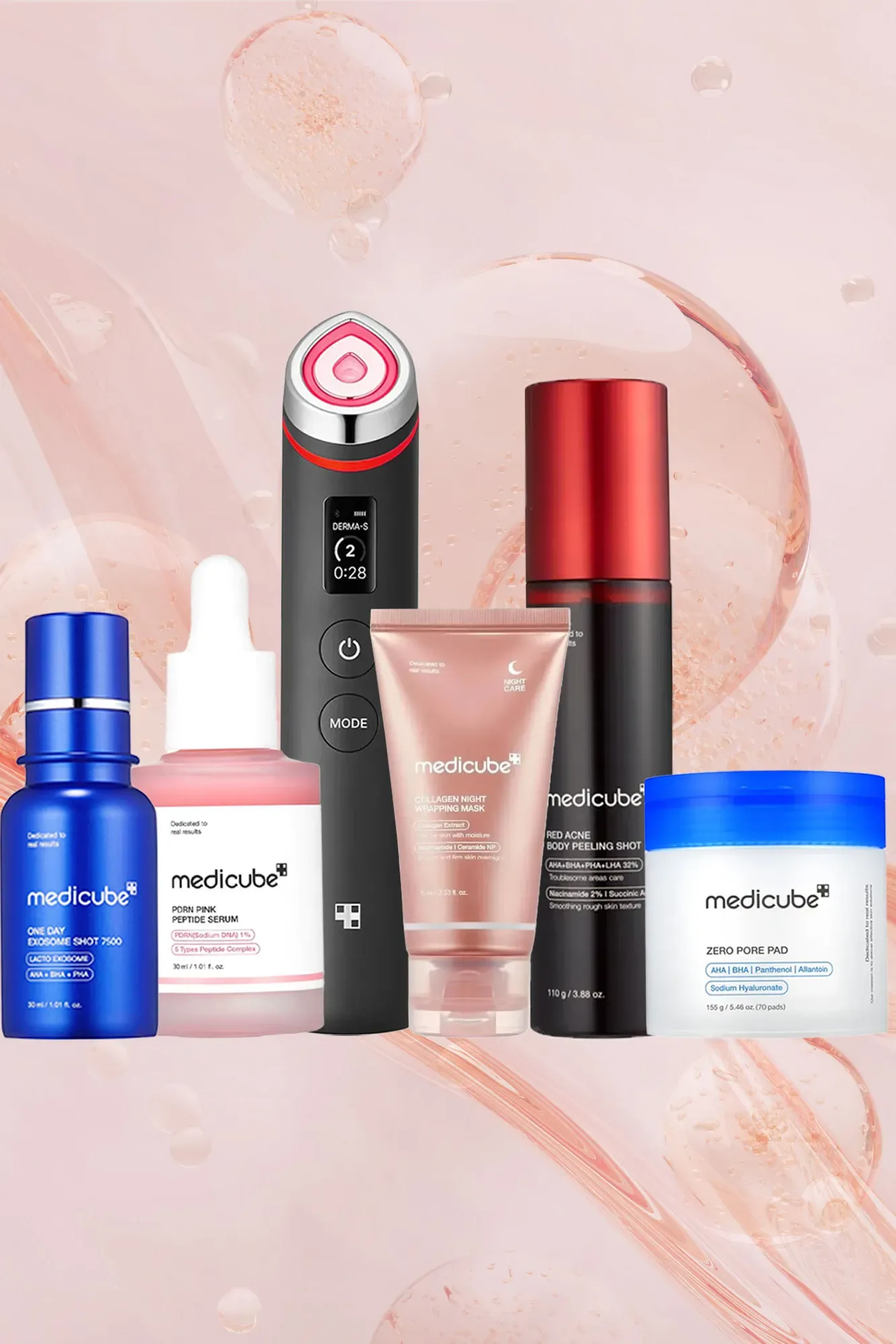Medicube skincare and devices on a pink background